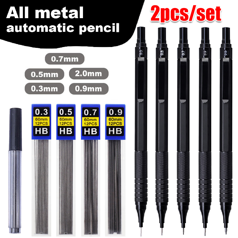 Mechanical Pencil 0.3 - Schwarzes Metall-Druckbleistift-Set mit niedrigem Schwerpunkt, 0,3-2,0